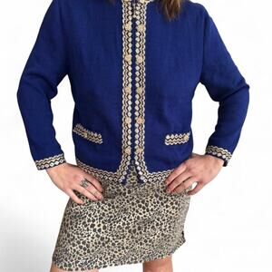 St john blue and gold embroidered zip up cardigan vintage